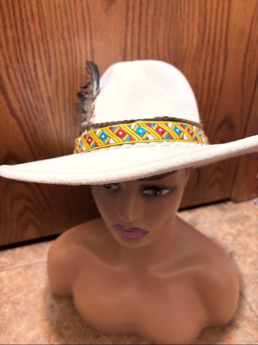 No Boundaries Cream Wide-Brim Hat with Yellow Beaded Band
